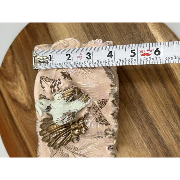 Vintage Ceramic Trinket Box Bird Lid Powder Pink Iridescent Glaze Lead Motif - Picture 10 of 13